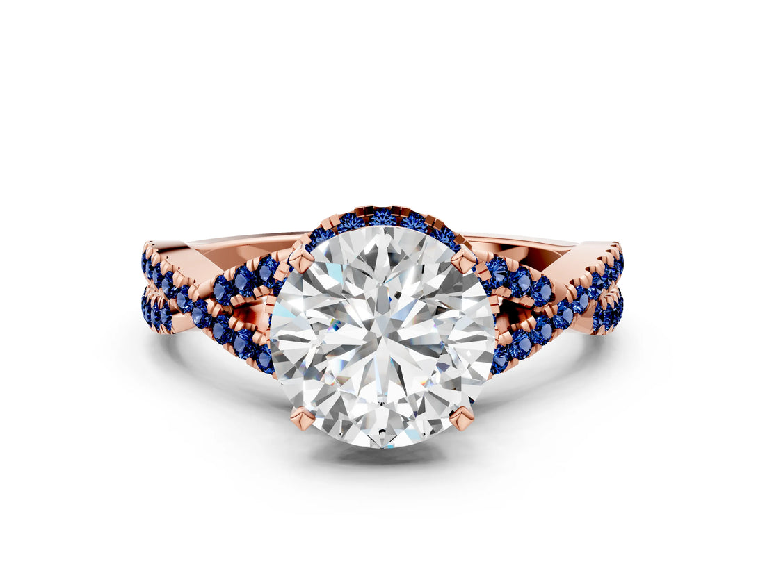 Rose gold Round Cut Diamond with Blue Sapphire side stone Halo Twist Band Solitaire Prong Setting Ring_36
