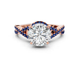 Rose gold Round Cut Diamond with Blue Sapphire side stone Halo Twist Band Solitaire Prong Setting Ring_36