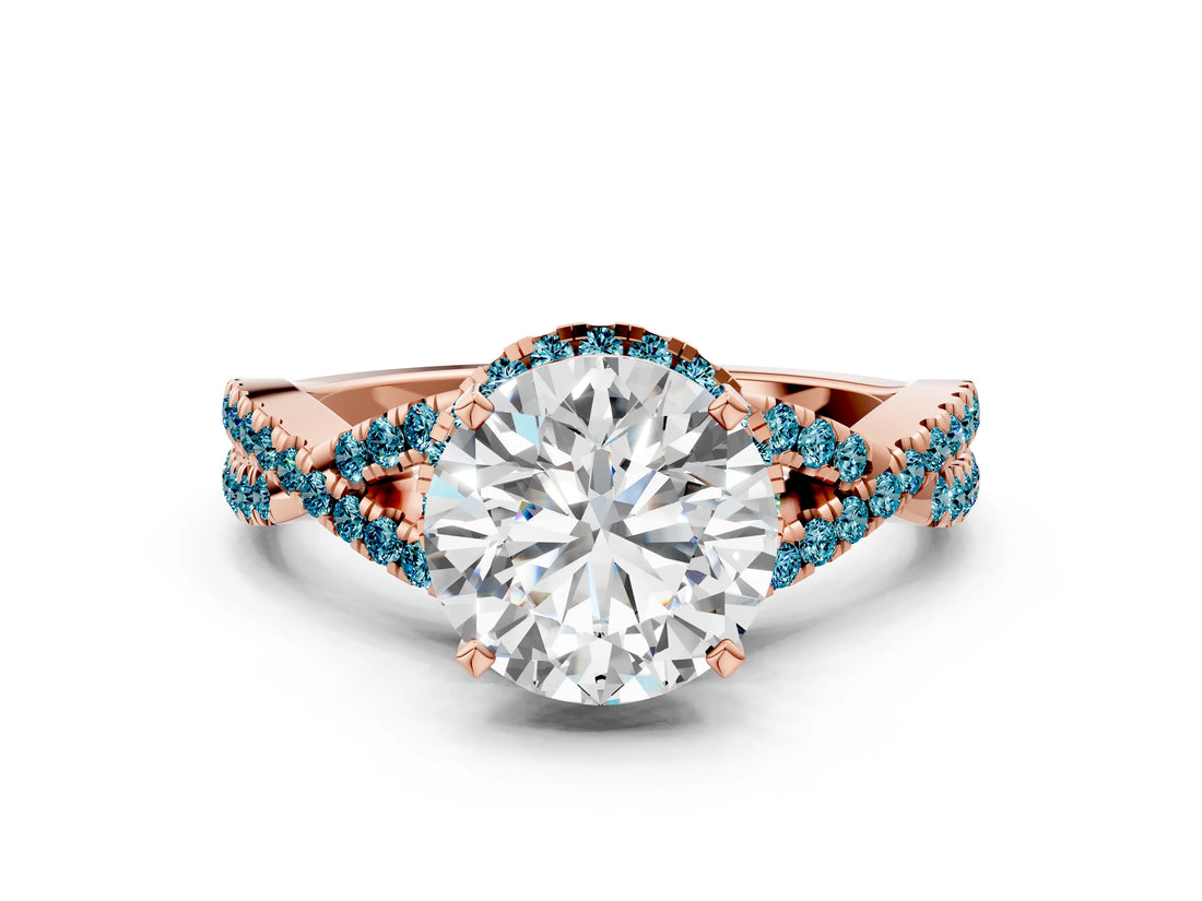 Rose gold Round Cut Diamond with Blue Topaz side stone Halo Twist Band Solitaire Prong Setting Ring_12