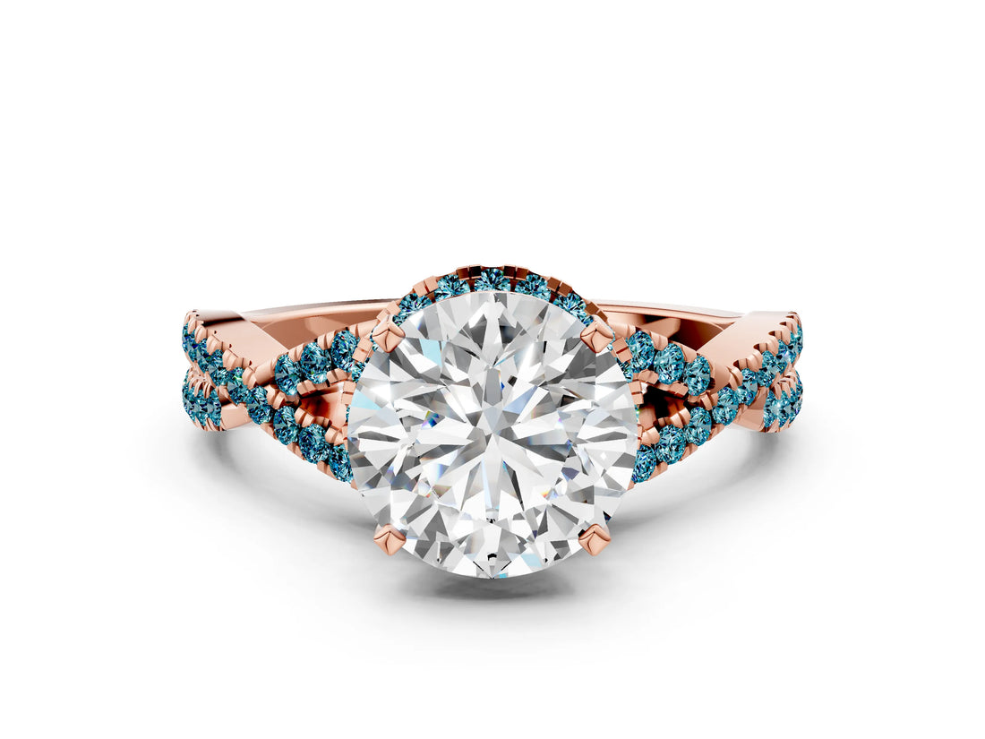 Rose gold Round Cut Diamond with Blue Topaz side stone Halo Twist Band Solitaire Prong Setting Ring_24