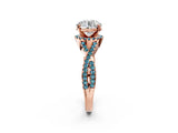 Rose gold Round Cut Diamond with Blue Topaz side stone Halo Twist Band Solitaire Prong Setting Ring_26
