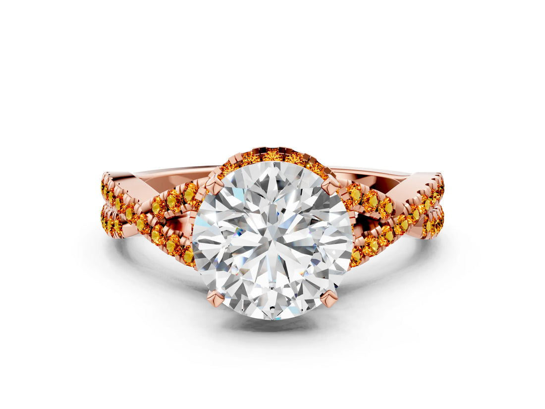 Rose gold Round Cut Diamond with Citrine side stone Halo Twist Band Solitaire Prong Setting Ring_12