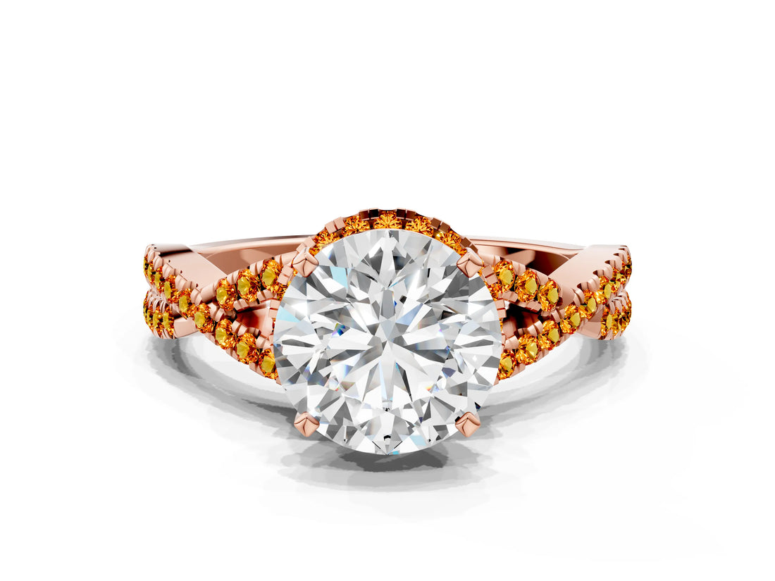 Rose gold Round Cut Diamond with Citrine side stone Halo Twist Band Solitaire Prong Setting Ring_36