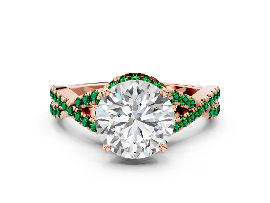 Rose gold Round Cut Diamond with Emerald side stone Halo Twist Band Solitaire Prong Setting Ring_12