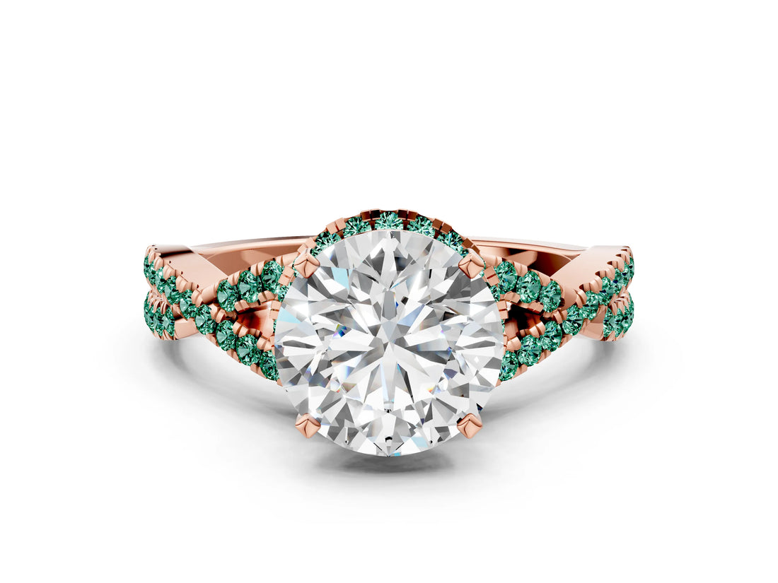 Rose gold Round Cut Diamond with Green Sapphire side stone Halo Twist Band Solitaire Prong Setting Ring_12