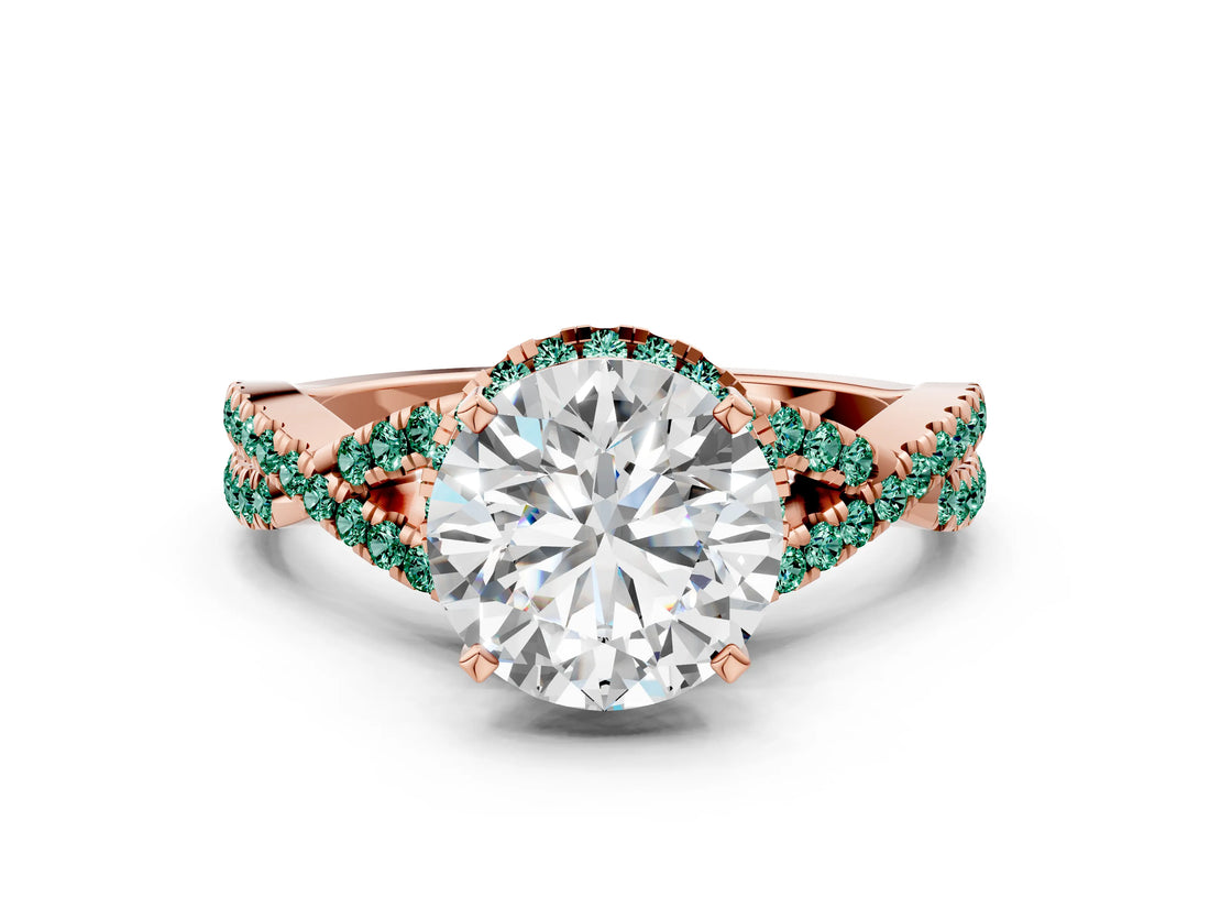 Rose gold Round Cut Diamond with Green Sapphire side stone Halo Twist Band Solitaire Prong Setting Ring_36