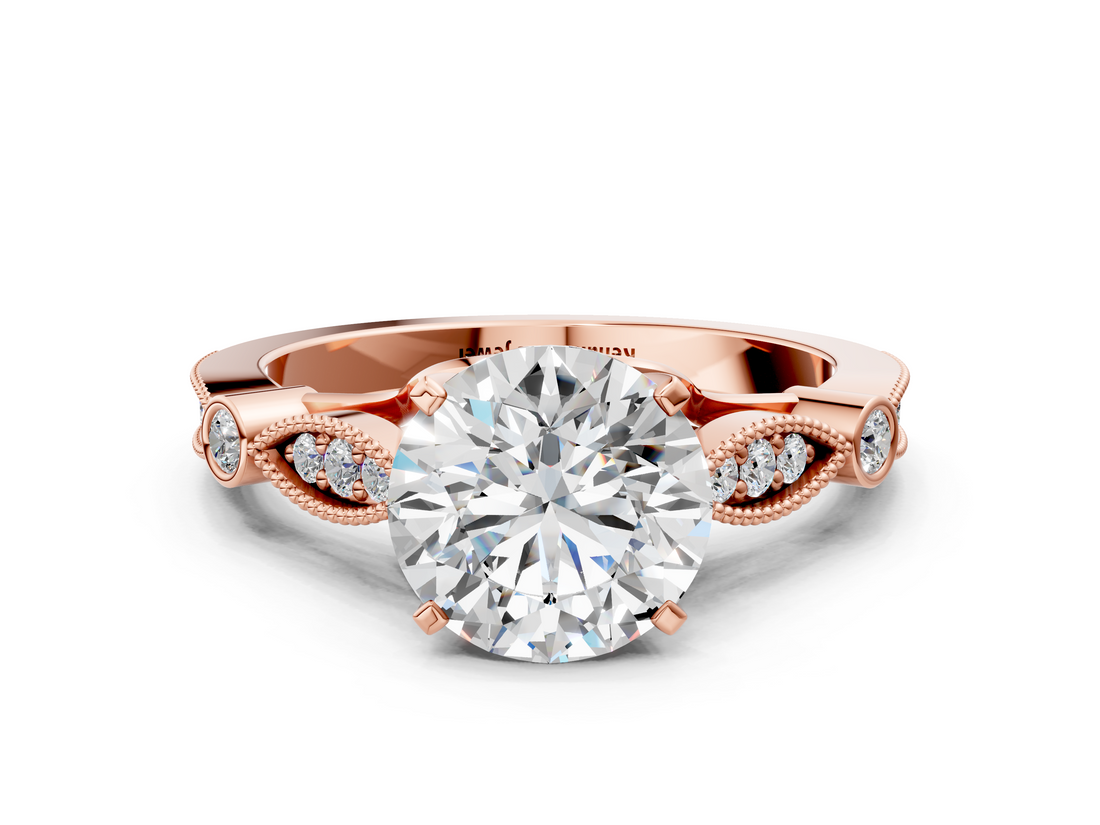 Rose gold Round Cut Diamond with Milgrain Marquise and Bezel Accents on a Solitaire Band with Prong Setting_221