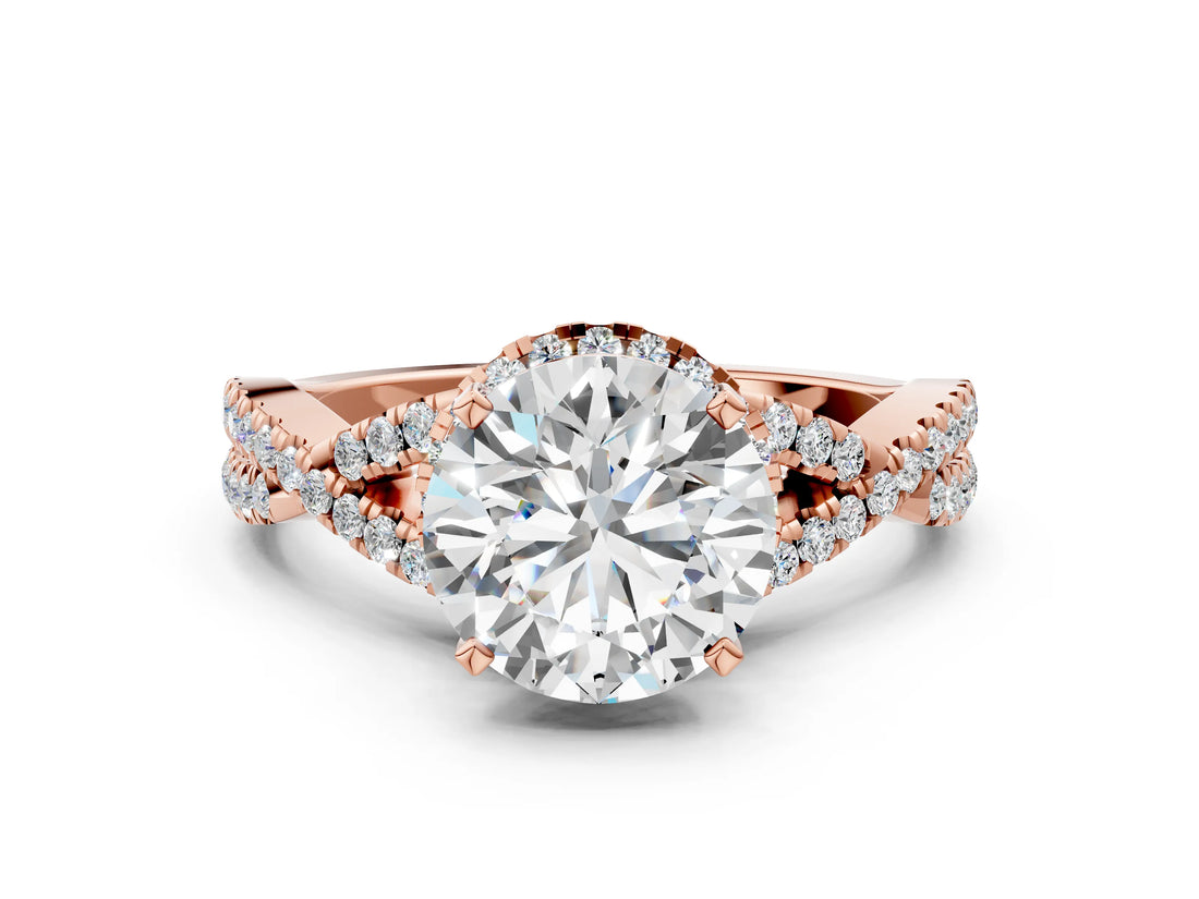 Rose gold Round Cut Diamond with Moissanite side stone Halo Twist Band Solitaire Prong Setting Ring_12
