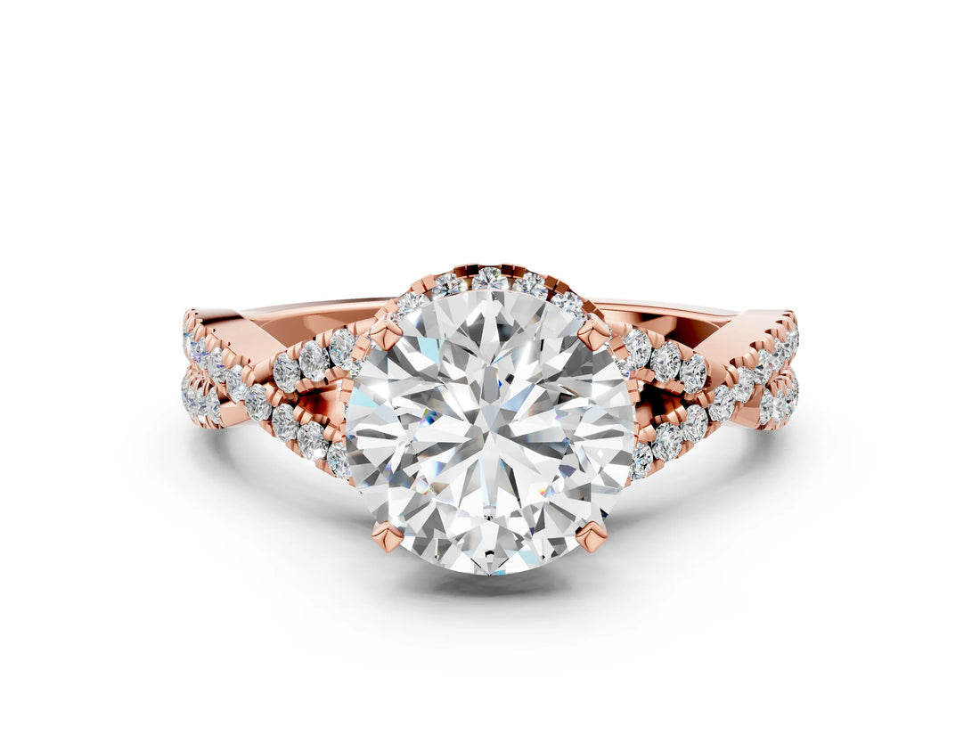 Rose gold Round Cut Diamond with Moissanite side stone Halo Twist Band Solitaire Prong Setting Ring_24