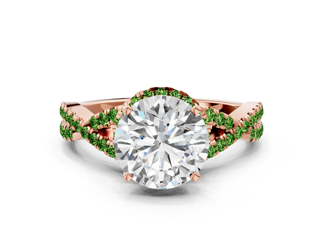 Rose gold Round Cut Diamond with Peridot side stone Halo Twist Band Solitaire Prong Setting Ring_36