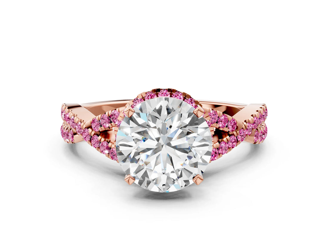 Rose gold Round Cut Diamond with Pink Sapphire side stone Halo Twist Band Solitaire Prong Setting Ring_12