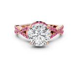 Rose gold Round Cut Diamond with Pink Sapphire side stone Halo Twist Band Solitaire Prong Setting Ring_12