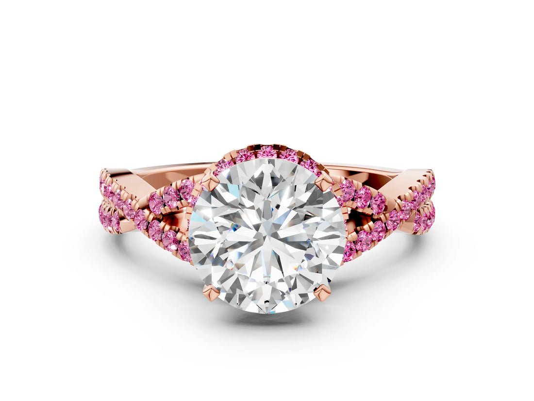Rose gold Round Cut Diamond with Pink Sapphire side stone Halo Twist Band Solitaire Prong Setting Ring_24