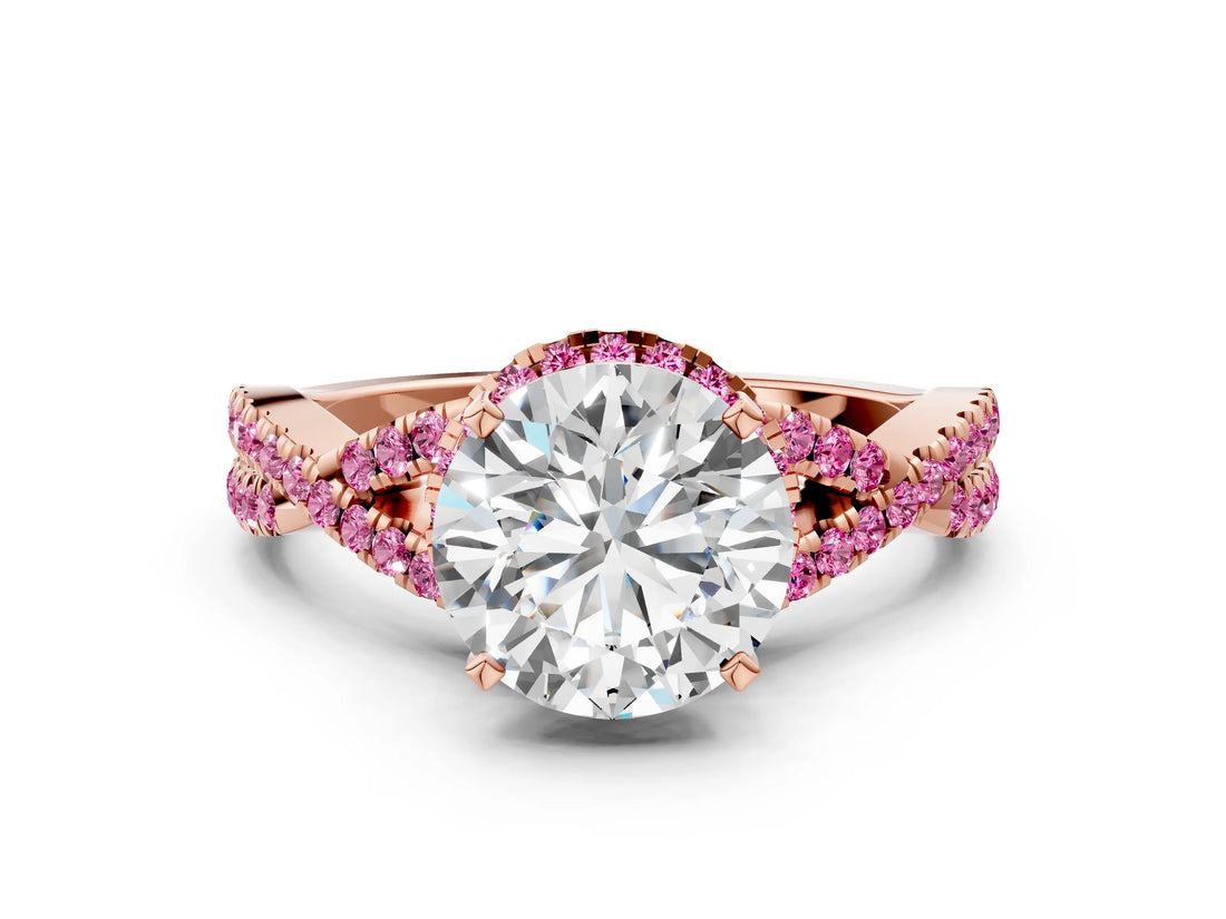 Rose gold Round Cut Diamond with Pink Sapphire side stone Halo Twist Band Solitaire Prong Setting Ring_36