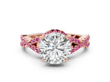 Rose gold Round Cut Diamond with Pink Sapphire side stone Halo Twist Band Solitaire Prong Setting Ring_36