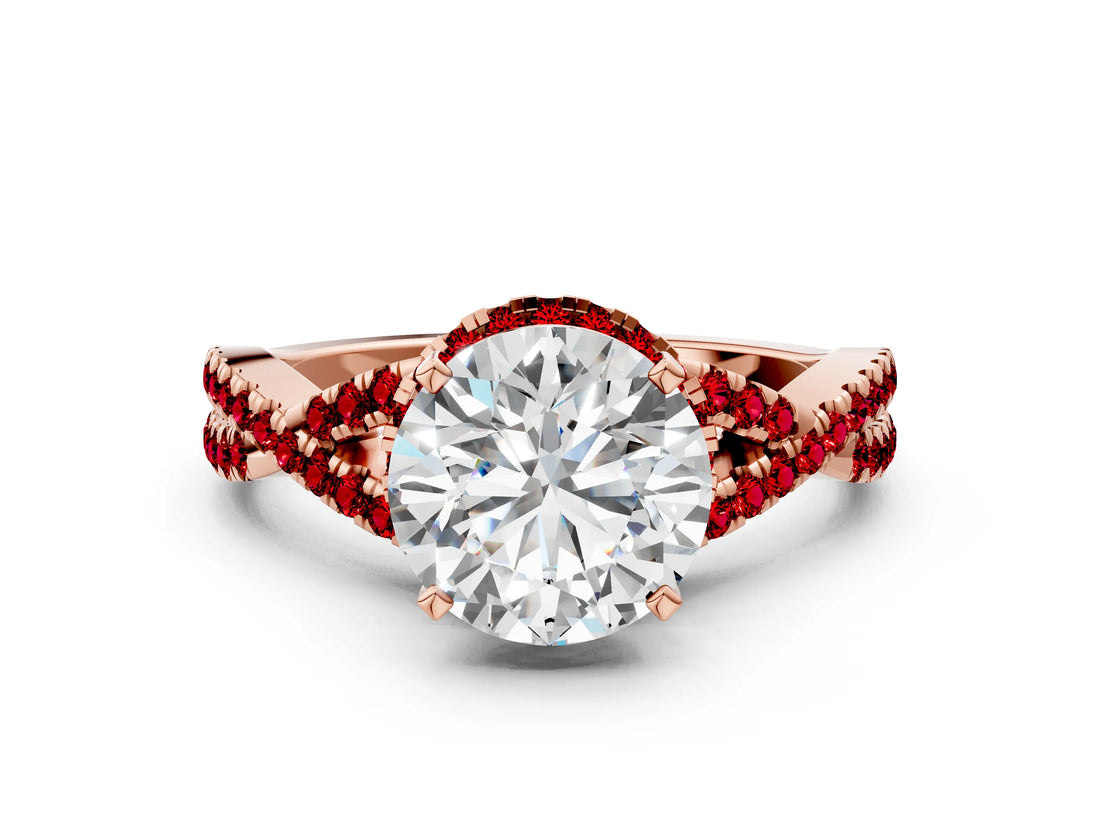 Rose gold Round Cut Diamond with Ruby side stone Halo Twist Band Solitaire Prong Setting Ring_24