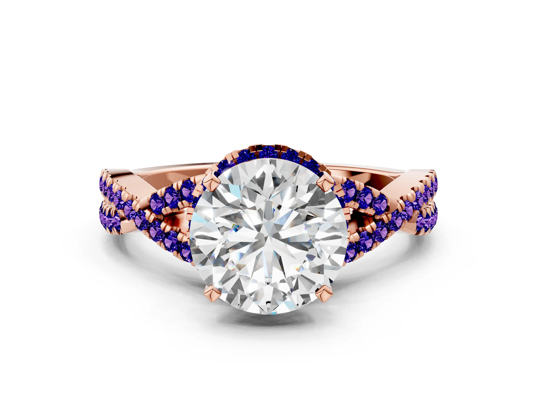 Rose gold Round Cut Diamond with Tanzanite side stone Halo Twist Band Solitaire Prong Setting Ring_12