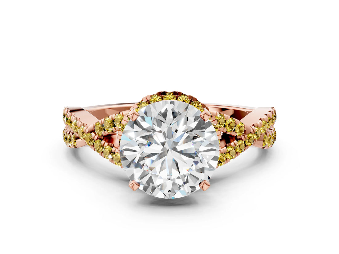 Rose gold Round Cut Diamond with Yellow Sapphire side stone Halo Twist Band Solitaire Prong Setting Ring_36