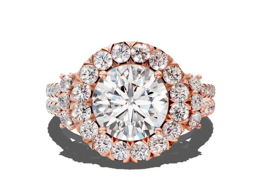 Rose gold Round Cut Double Halo Diamond Engagement Ring with Pave Band and Four-Prong Setting