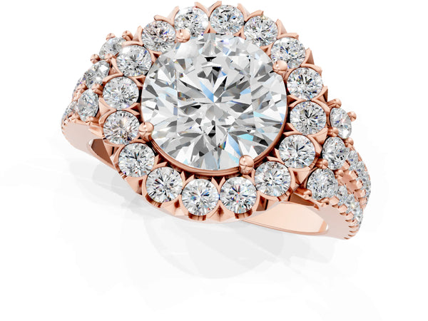 Rose gold Round Cut Double Halo Diamond Engagement Ring with Pave Band and Four-Prong Setting