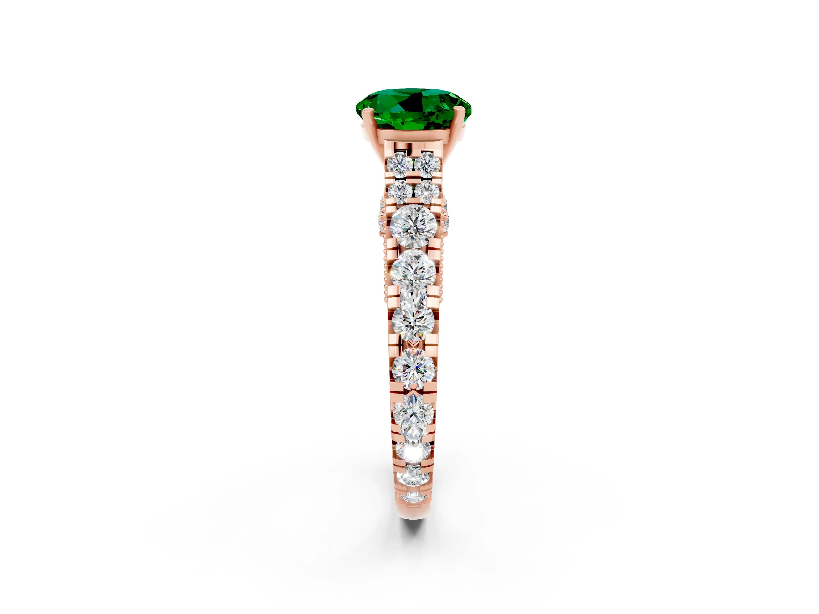 Rose gold Round Cut Emerald Classic Solitaire Ring with Pavé Band and Four-Prong Setting_14