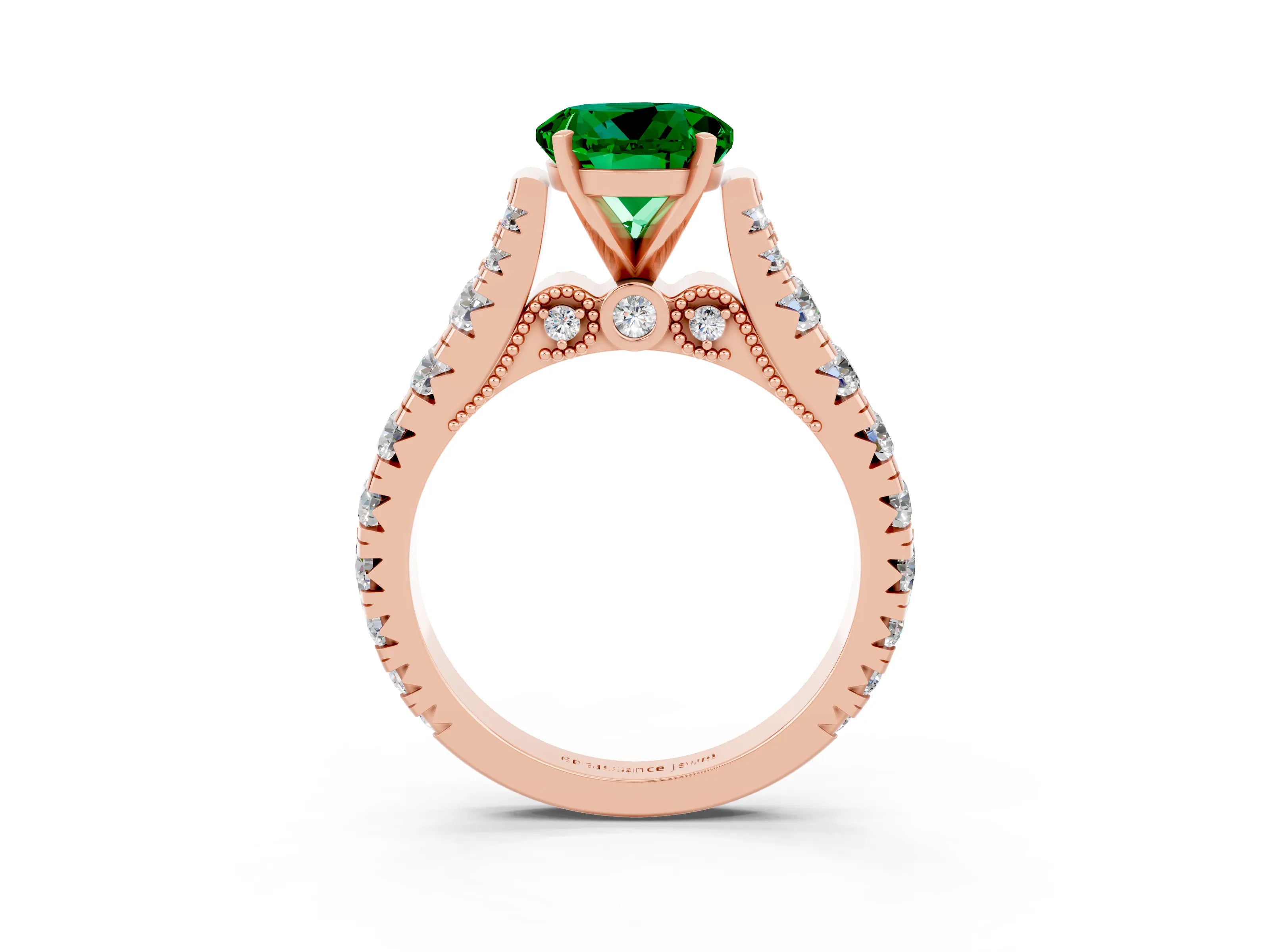 Rose gold Round Cut Emerald Classic Solitaire Ring with Pavé Band and Four-Prong Setting_15
