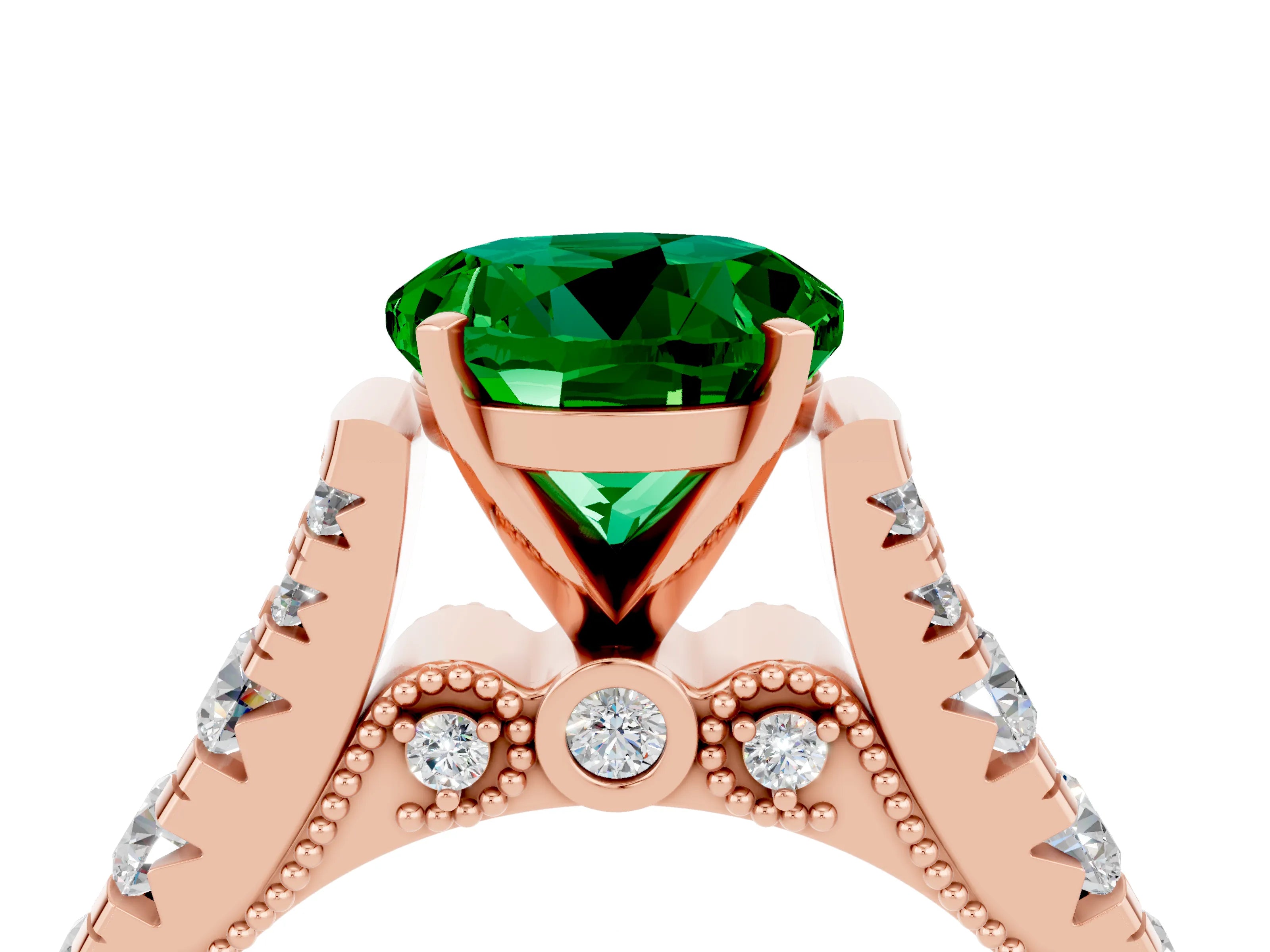 Rose gold Round Cut Emerald Classic Solitaire Ring with Pavé Band and Four-Prong Setting_16