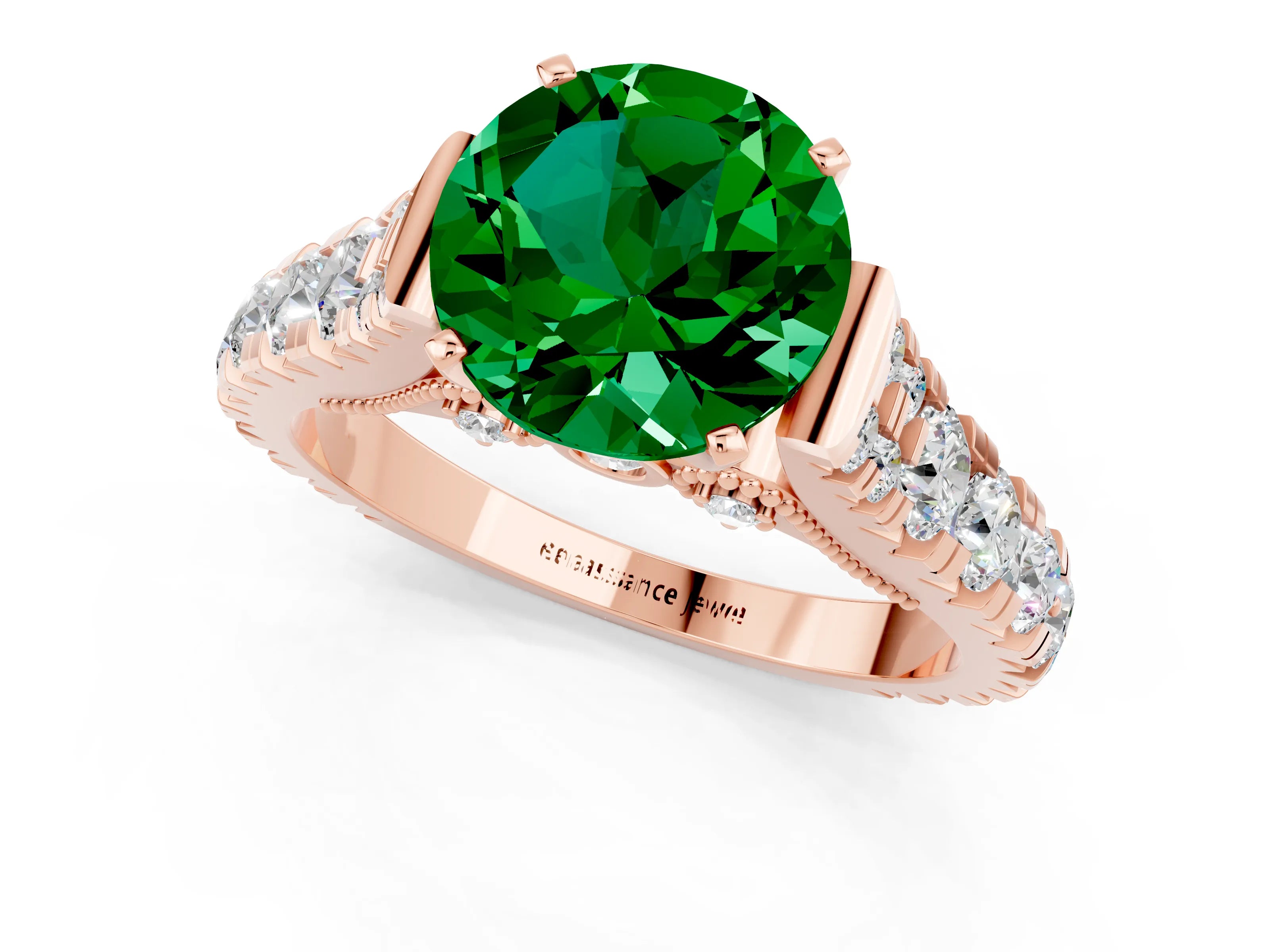 Rose gold Round Cut Emerald Classic Solitaire Ring with Pavé Band and Four-Prong Setting_25