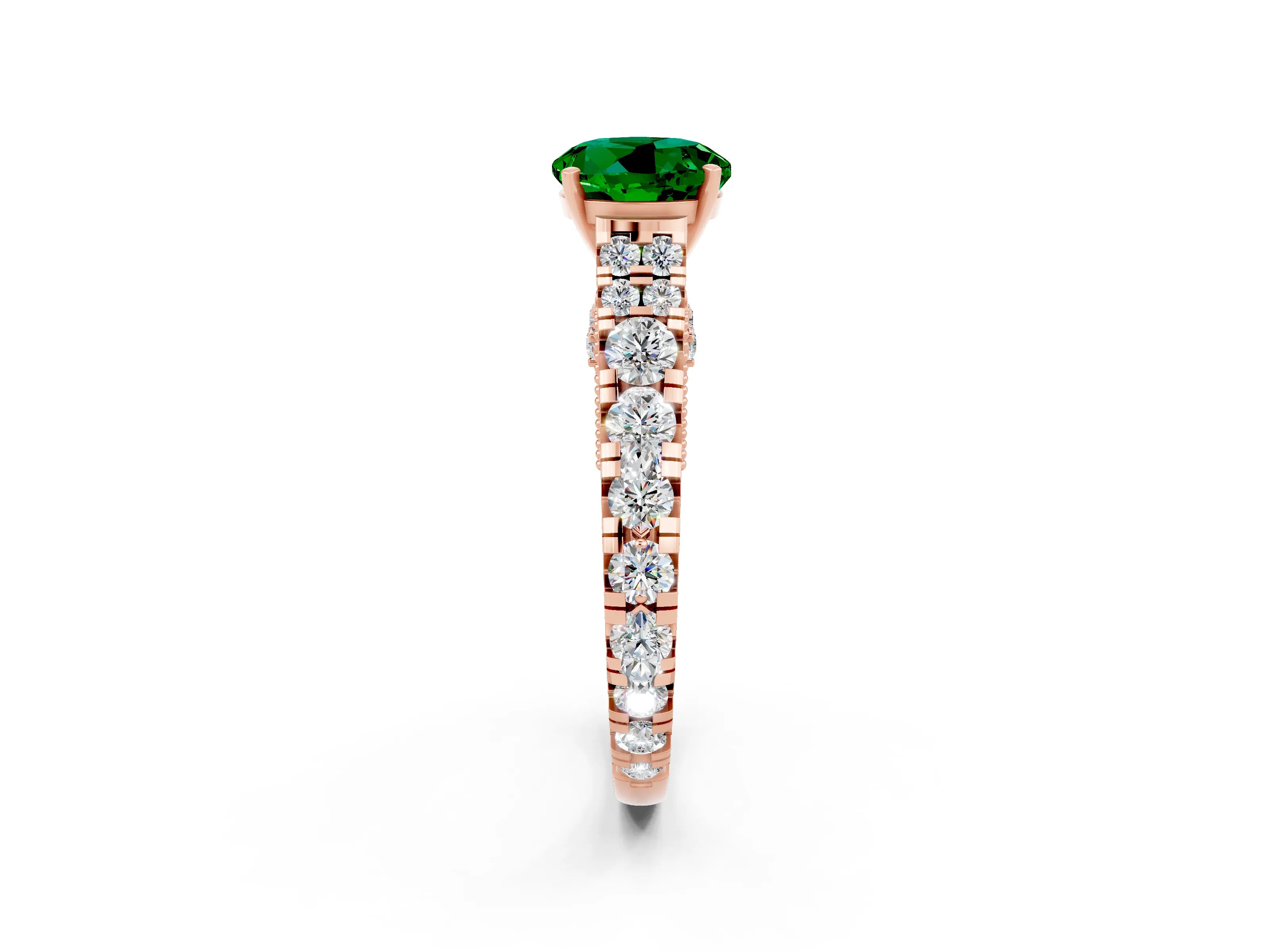 Rose gold Round Cut Emerald Classic Solitaire Ring with Pavé Band and Four-Prong Setting_26