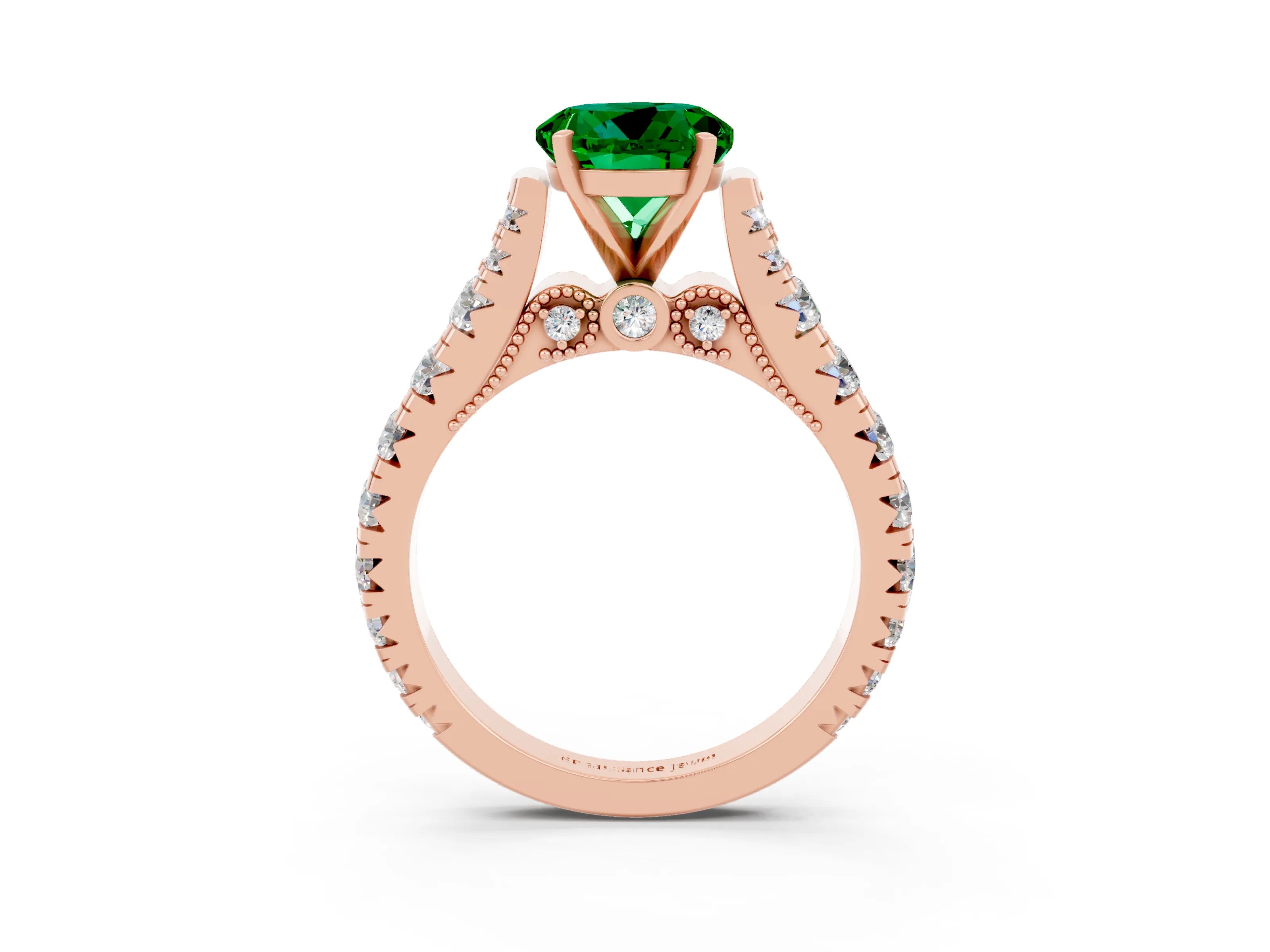 Rose gold Round Cut Emerald Classic Solitaire Ring with Pavé Band and Four-Prong Setting_27