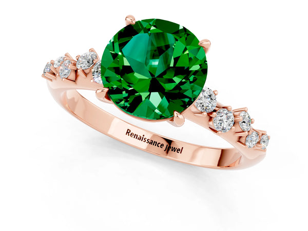 Rose gold Round Cut Emerald Cluster Side Stone Solitaire Ring with Prong Setting