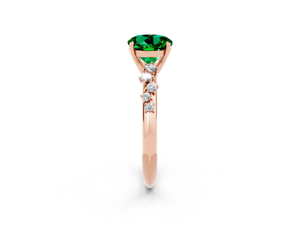 Rose gold Round Cut Emerald Cluster Side Stone Solitaire Ring with Prong Setting