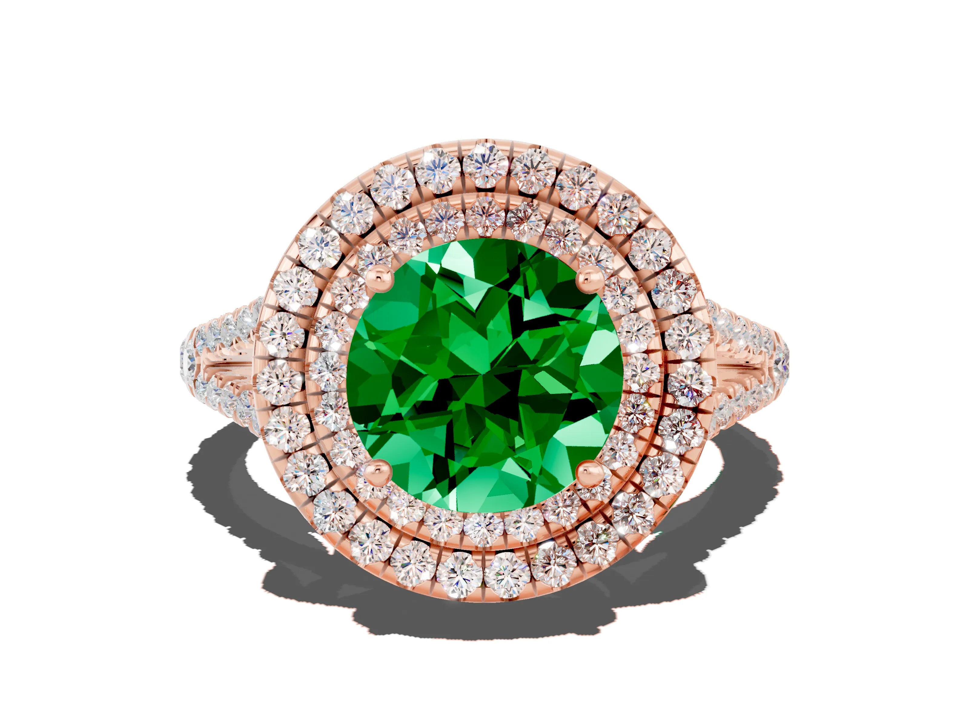 Rose gold Round Cut Emerald Double Halo Ring with Pavé Band and Prong Setting_12
