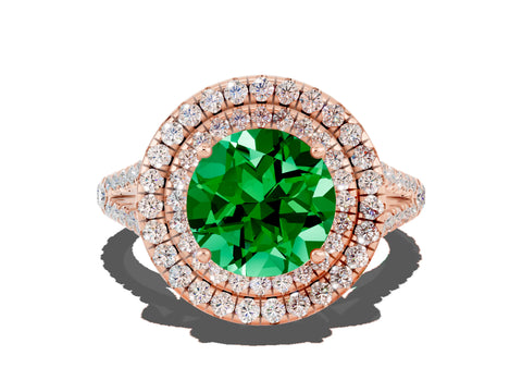 Rose gold Round Cut Emerald Double Halo Ring with Pavé Band and Prong Setting_12