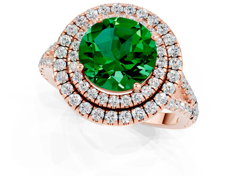 Rose gold Round Cut Emerald Double Halo Ring with Pavé Band and Prong Setting_13