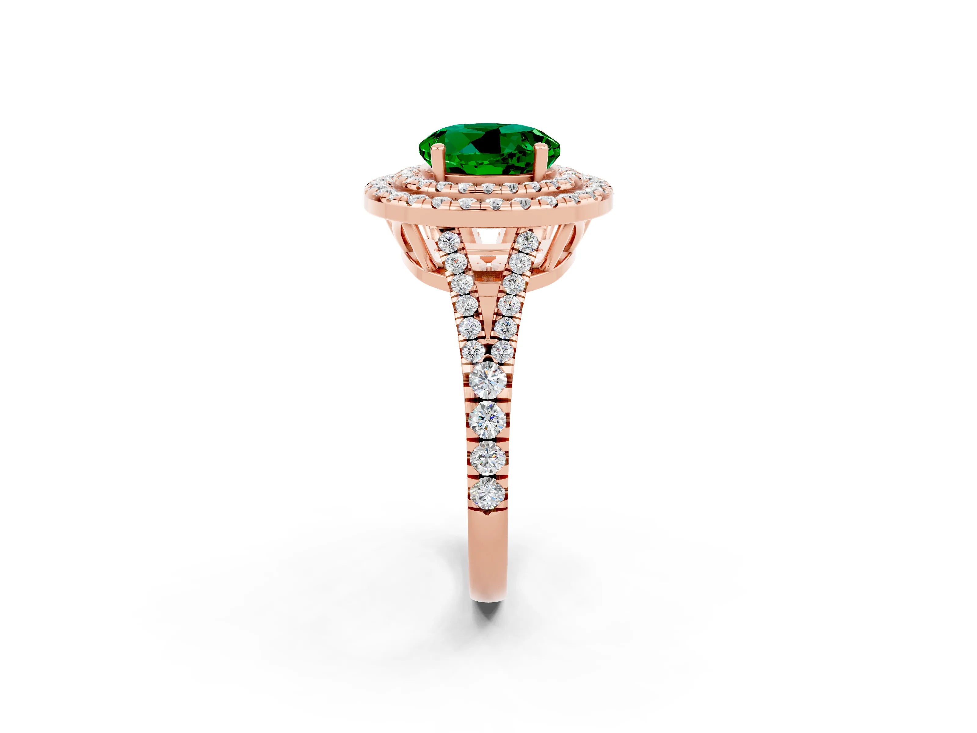 Rose gold Round Cut Emerald Double Halo Ring with Pavé Band and Prong Setting_14