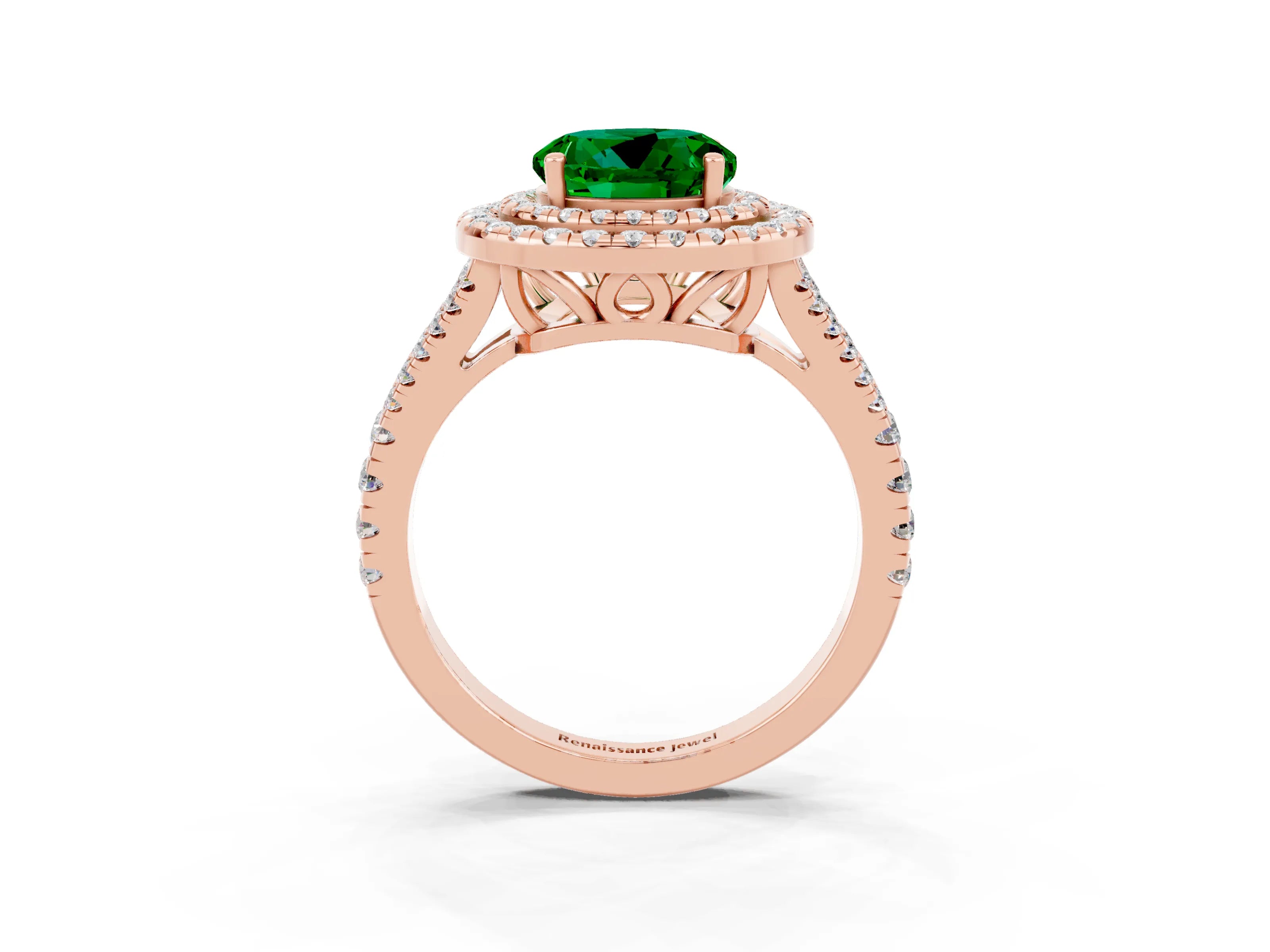 Rose gold Round Cut Emerald Double Halo Ring with Pavé Band and Prong Setting_15