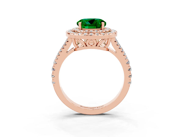 Rose gold Round Cut Emerald Double Halo Ring with Pavé Band and Prong Setting