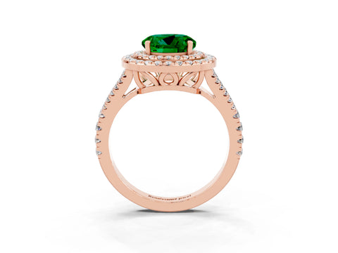 Rose gold Round Cut Emerald Double Halo Ring with Pavé Band and Prong Setting_15