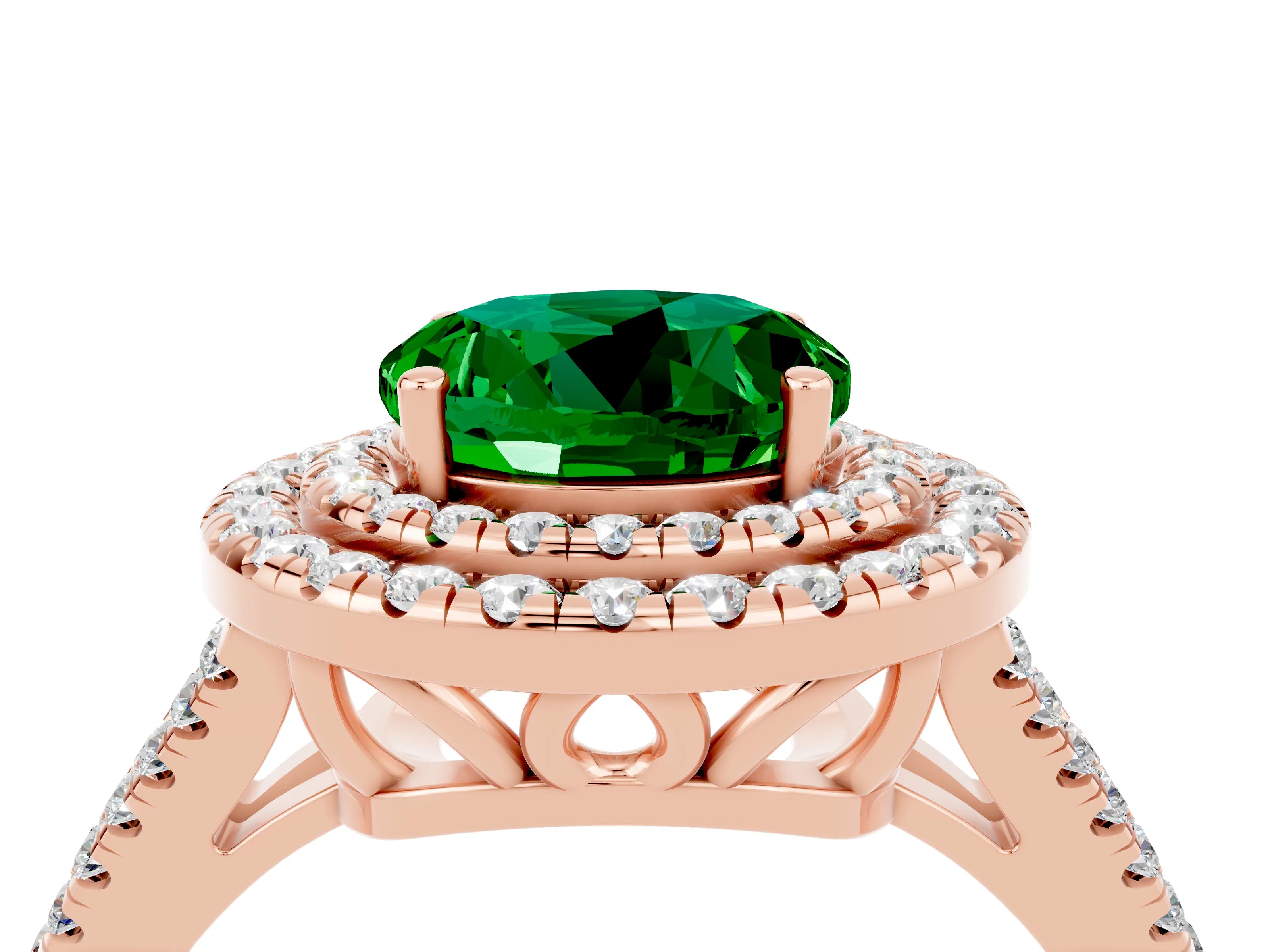 Rose gold Round Cut Emerald Double Halo Ring with Pavé Band and Prong Setting_16