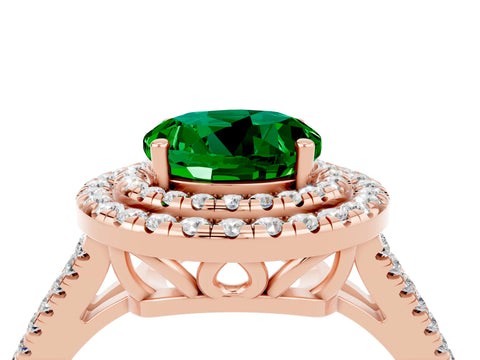 Rose gold Round Cut Emerald Double Halo Ring with Pavé Band and Prong Setting_16