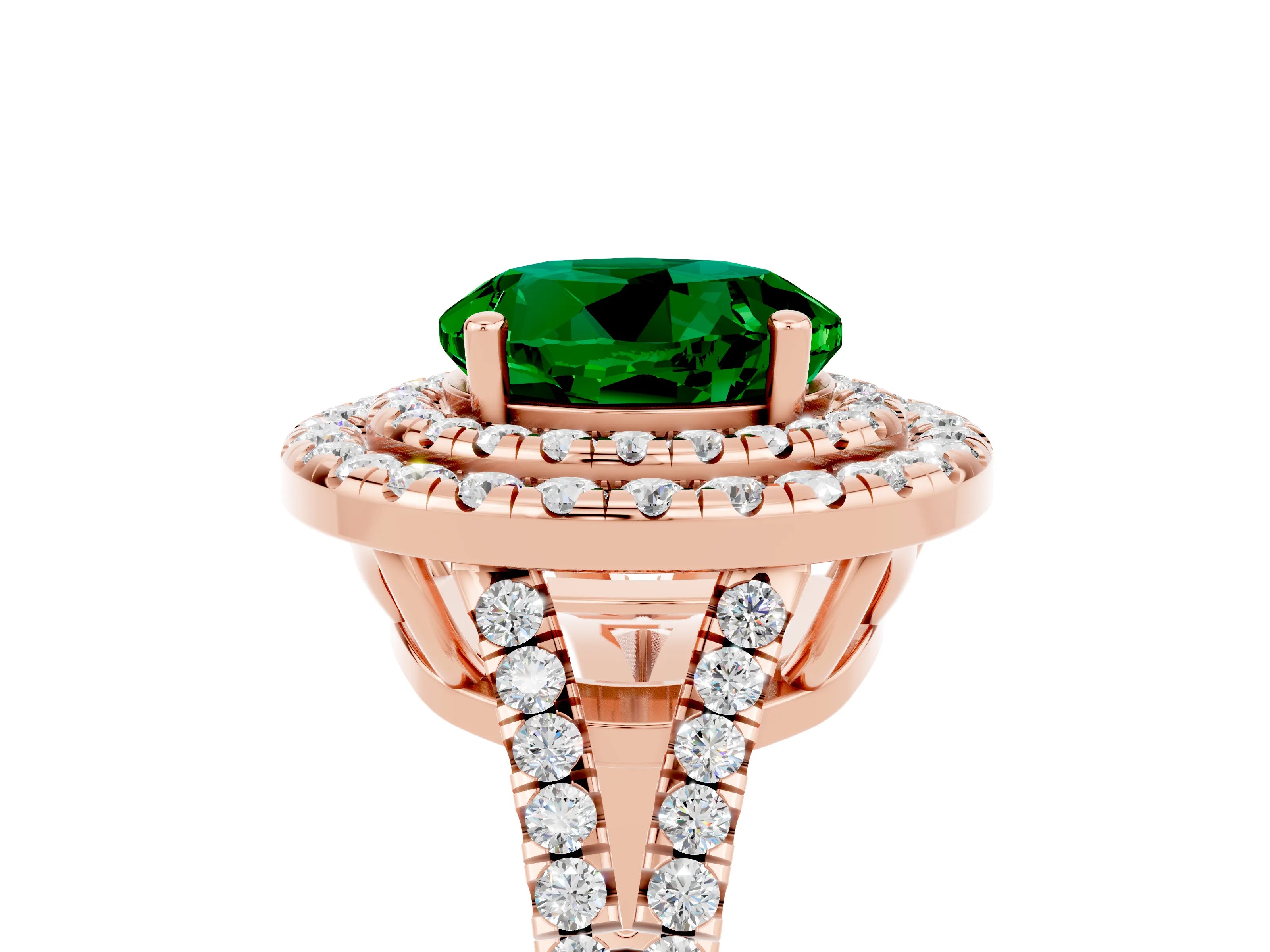 Rose gold Round Cut Emerald Double Halo Ring with Pavé Band and Prong Setting_17