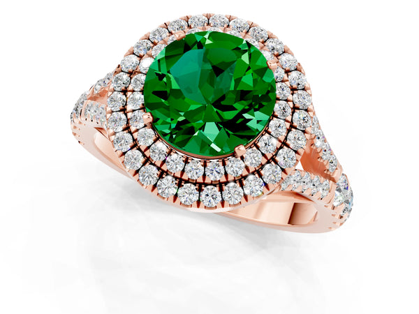 Rose gold Round Cut Emerald Double Halo Ring with Split Shank and Prong Setting