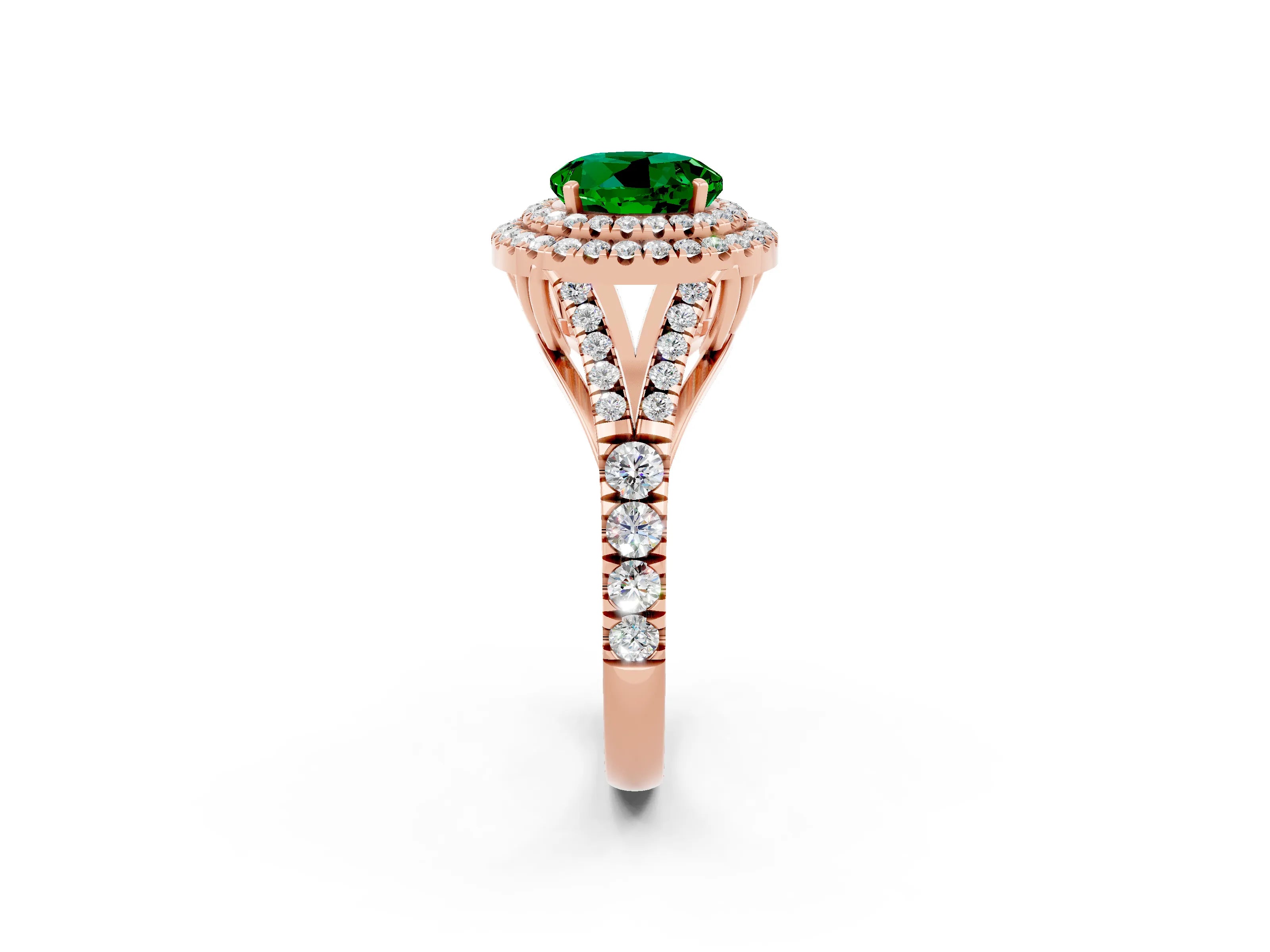 Rose gold Round Cut Emerald Double Halo Ring with Split Shank and Prong Setting_14