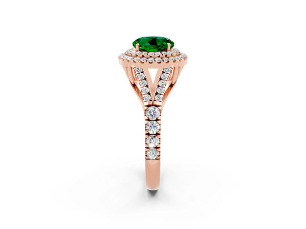 Rose gold Round Cut Emerald Double Halo Ring with Split Shank and Prong Setting