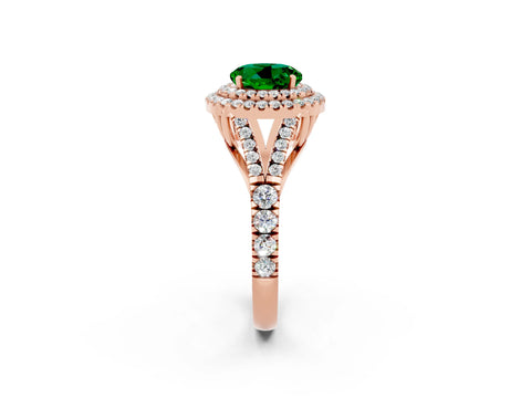 Rose gold Round Cut Emerald Double Halo Ring with Split Shank and Prong Setting_14