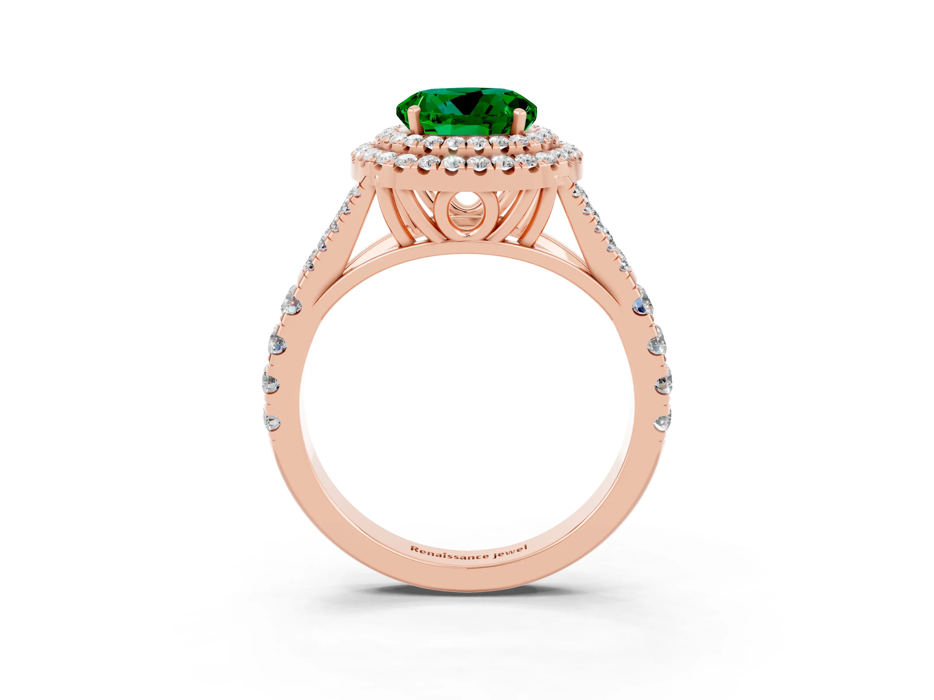 Rose gold Round Cut Emerald Double Halo Ring with Split Shank and Prong Setting_15