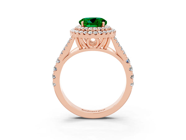 Rose gold Round Cut Emerald Double Halo Ring with Split Shank and Prong Setting