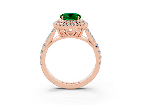 Rose gold Round Cut Emerald Double Halo Ring with Split Shank and Prong Setting_15