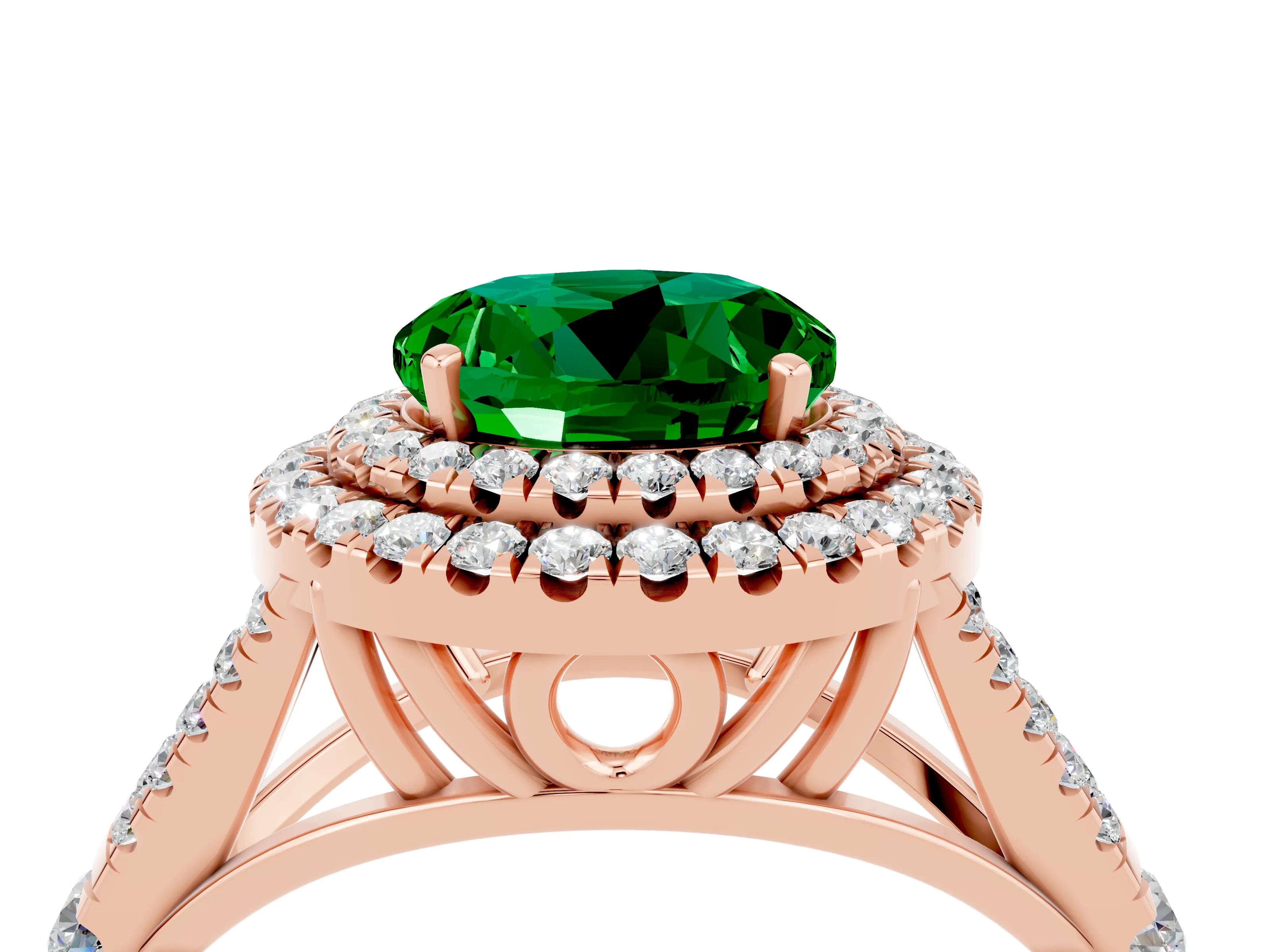 Rose gold Round Cut Emerald Double Halo Ring with Split Shank and Prong Setting_16